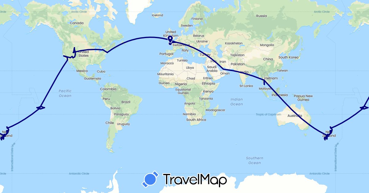 TravelMap itinerary: driving in United Arab Emirates, Australia, Canada, France, New Zealand, French Polynesia, Thailand, United States (Asia, Europe, North America, Oceania)